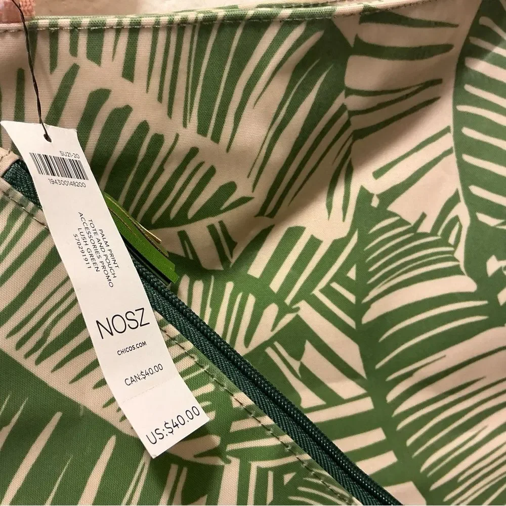 Chico's Green Leaf Pattern Tote with Pouch